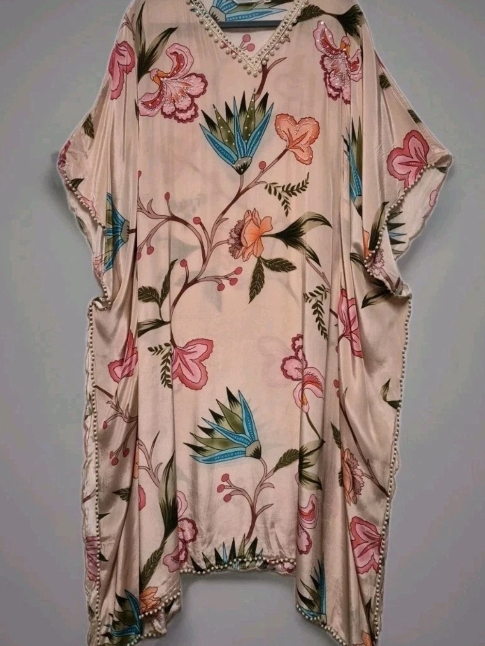 S4U Floral Beaded Kaftan Cover-Up V-Neck Flowy Bohemian Resort Wear Size XL